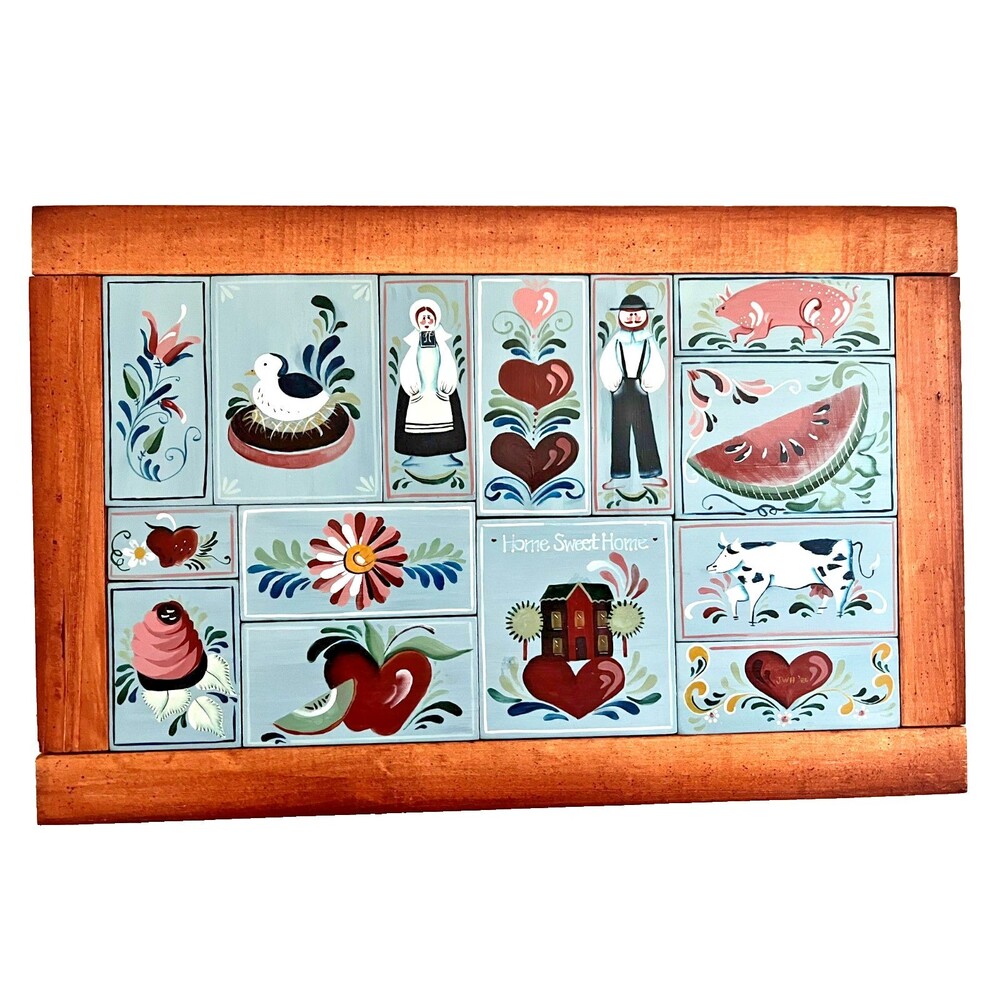 Vtg '86 Hand Painted Folk Art Wood Cottagecore Country Farmhouse Wall Decor Wood